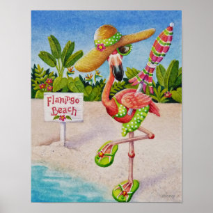 Whimiscal Beach Babe Flamingo 2 Vattenfärg 11x14 Poster