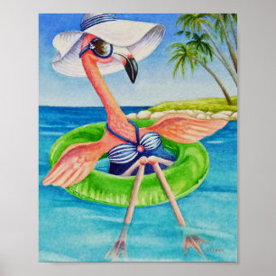 Whimiscal Beach Babe Flamingo 3 Vattenfärg 8x10 Poster