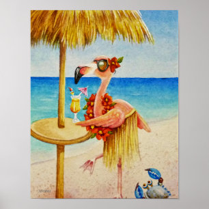 Whimiscal Beach Babe Flamingo 4 Vattenfärg 11x14 Poster