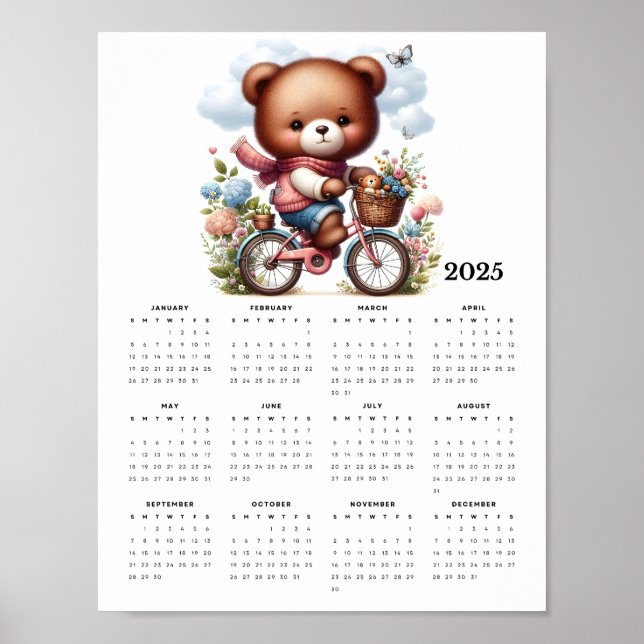Whimiscal Bear Riding a Bicycle 2025 Wall Calendar Poster (Framsidan)
