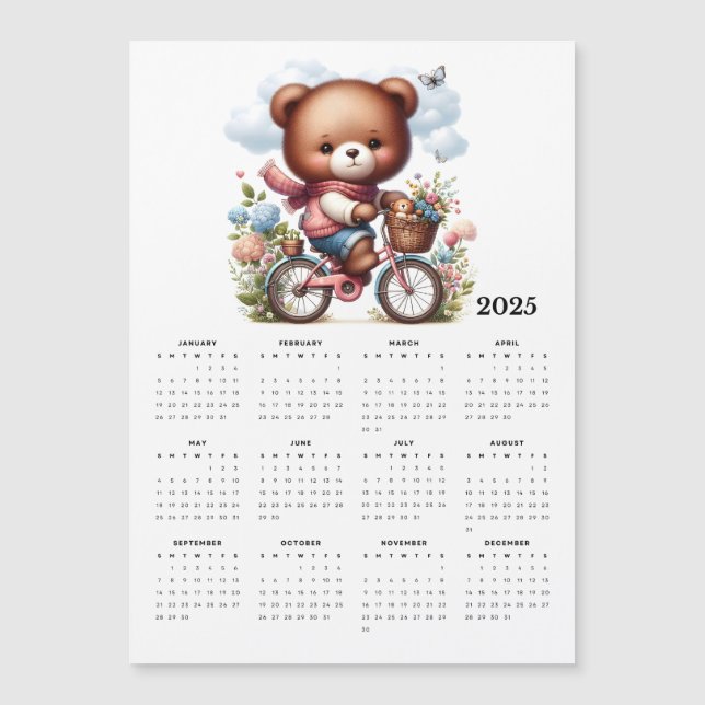 Whimiscal Bear Riding Bicycle 2025 Magnet Calendar (Framsida)