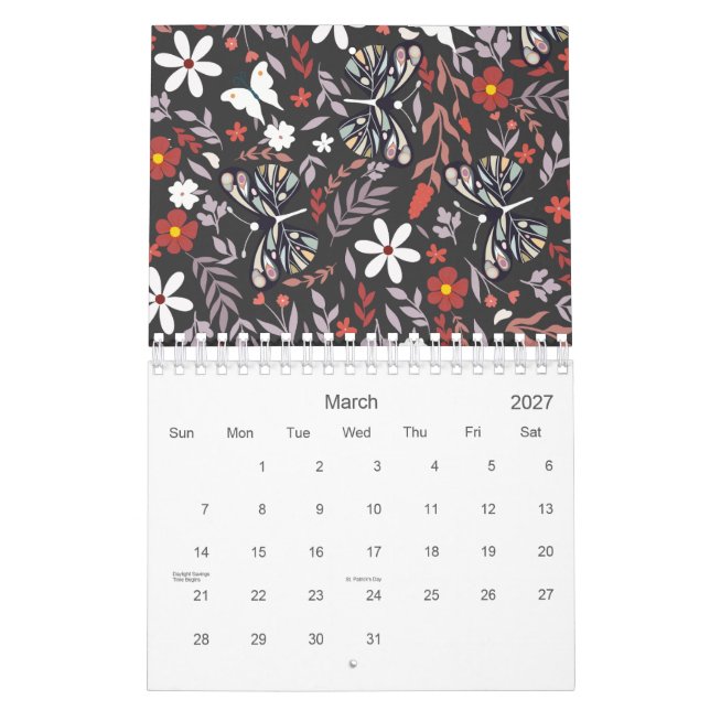 Whimiscal Blommigt and Butterfly Mönster 2026 Kalender (Mar 2027)