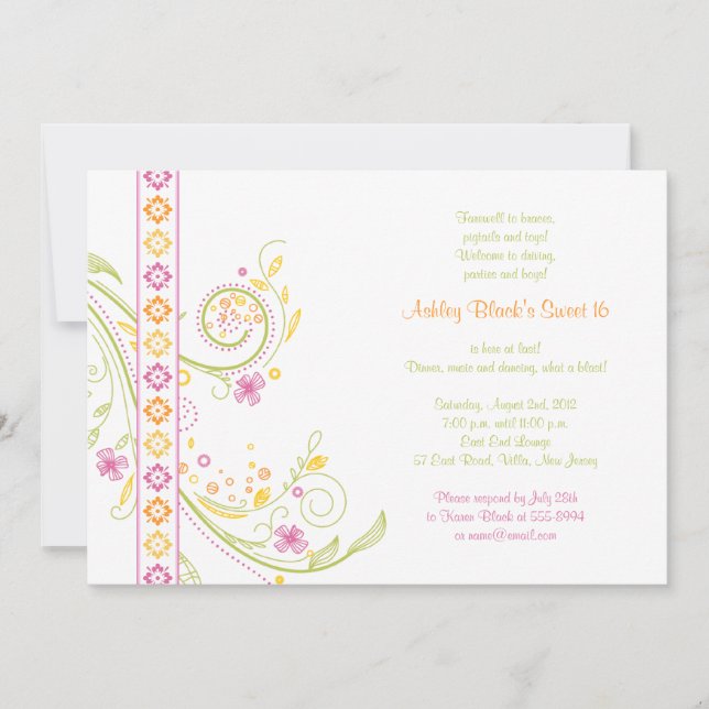 Whimiscal Blommigt Sweet 16 Birthday Call Inbjudningar (Framsida)