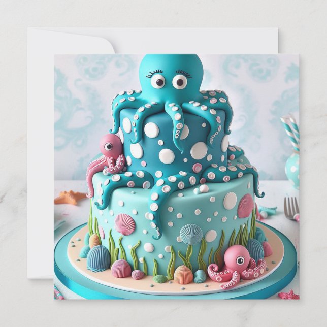 WHIMISCAL BLUE OCTOPUS THEMED BIRTHDAY CAKE INBJUDNINGAR (Framsida)