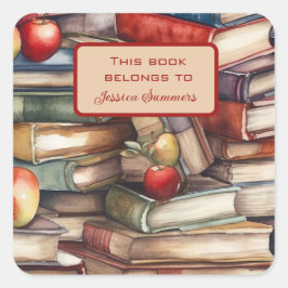 Whimiscal Bok och Apple Älskare Bok Namn Plate Fyrkantigt Klistermärke