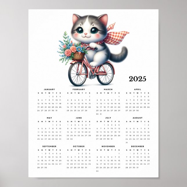Whimiscal Cat Riding a Bicycle 2025 Wall Calendar Poster (Framsidan)