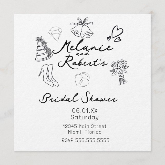 Whimiscal Cute Doodles Black White Bridal Shower Inbjudningar (Framsida)