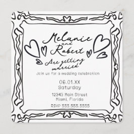 Whimiscal Cute Doodles Black White Frame Wedding Inbjudningar