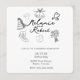 Whimiscal Cute Doodles Black White Wedding Inbjudningar