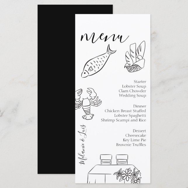 Whimiscal Doodle Black White Heart Wedding Menu  Meny (Fram/baksida)