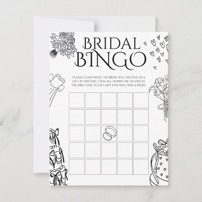 Whimiscal Doodle Bröllops Brudtavla Bingo Spel Anteckningskort (Framsida)