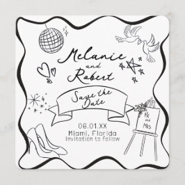 Whimiscal Doodles Black White Frame Save the Date Inbjudningar
