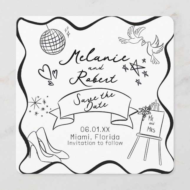 Whimiscal Doodles Black White Frame Save the Date Inbjudningar (Framsida)