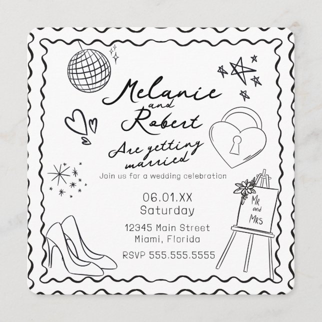 Whimiscal Doodles Black White Frame Wedding Inbjudningar (Framsida)