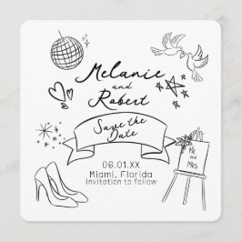 Whimiscal Doodles Black White Save the Date Inbjudningar