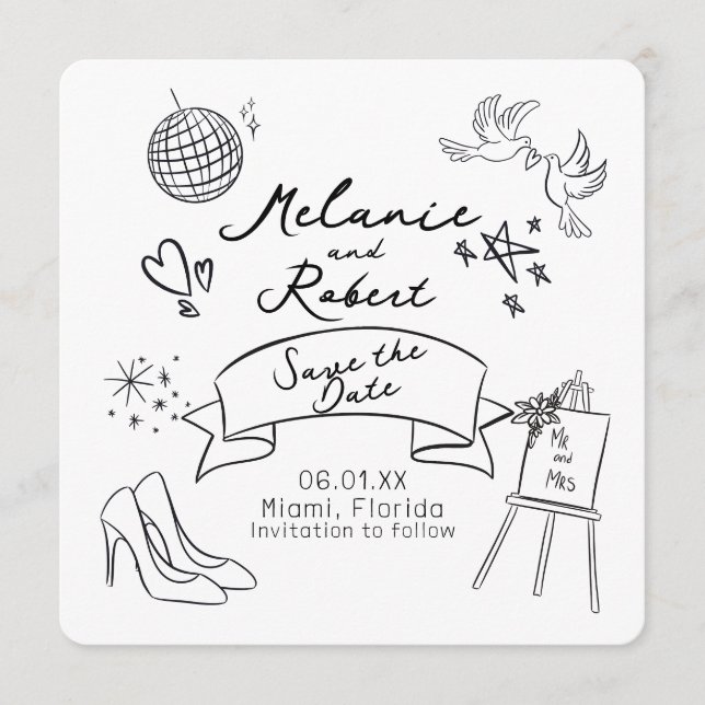 Whimiscal Doodles Black White Save the Date Inbjudningar (Framsida)