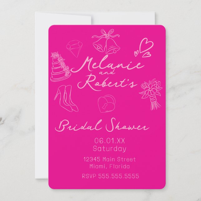 Whimiscal Doodles Bright Pink Bridal Shower  Spara Datumet (Framsida)