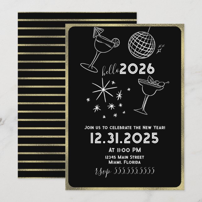 Whimiscal Doodles Hello 2026 New Years Gold Julkort (Fram/baksida)