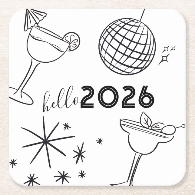 Whimiscal Doodles Hello 2026 New Years Gold Underlägg Papper Kvadrat (Framsidan)