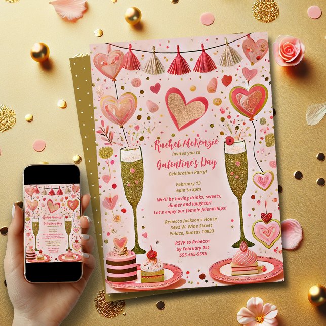 Whimiscal Guld och Red Galentine's Day Party Inbjudningar (Galentine's Day Party)