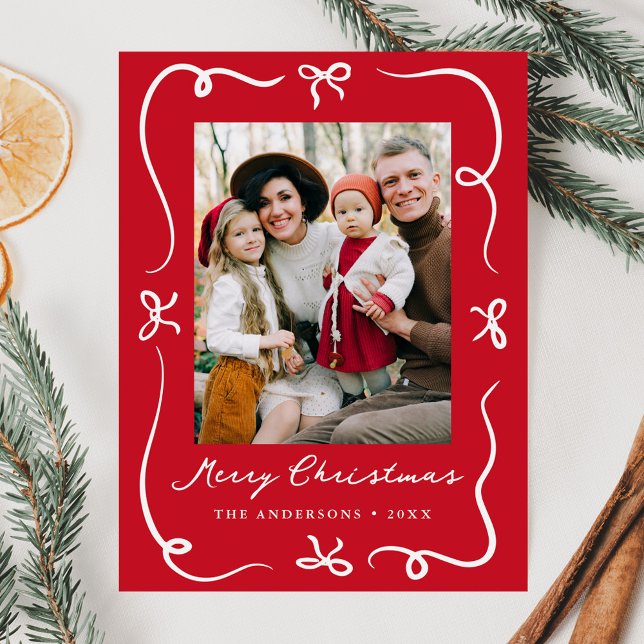 Whimiscal Hand Drawn Bows Red Photo jul Helg Vykort (Skapare uppladdad)