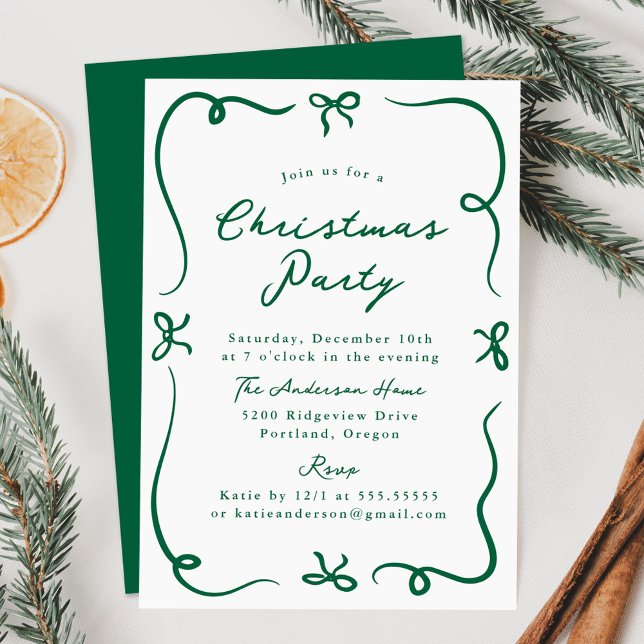 Whimiscal Hand Drawn Grönt Bows jul Party Inbjudningar (Skapare uppladdad)
