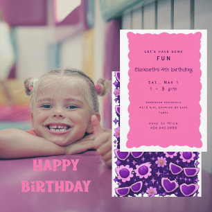 Whimiscal lila och rosa 4-års födelsedagsfest II Inbjudningar