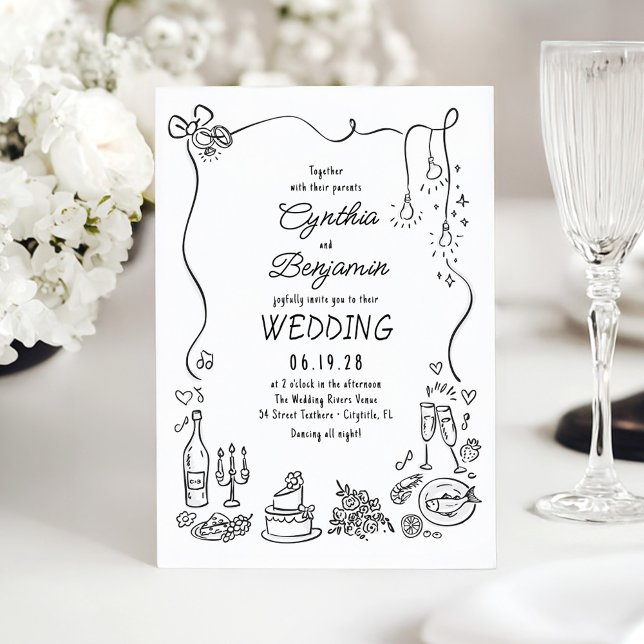 Whimiscal Quirky Hand-dragen Doodles Bröllop Inbjudningar (Funky Whimsical Wedding Invitation)