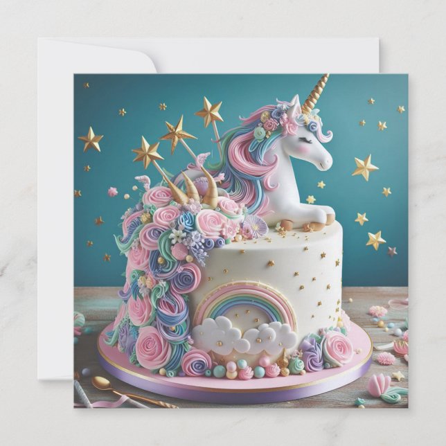 WHIMISCAL ROSA & BLUE UNICORN CAKE BIRTHDAY INBJUDNINGAR (Framsida)