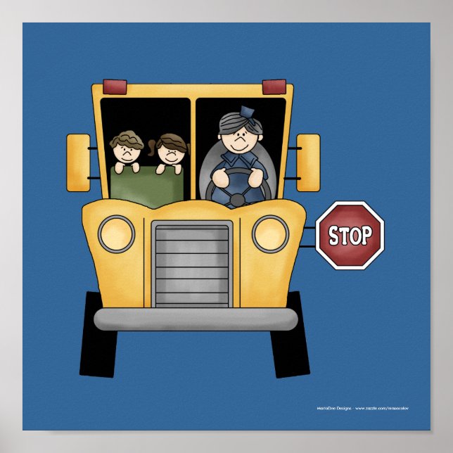 Whimiscal School Buss med Kids & Driver Print Poster (Framsidan)