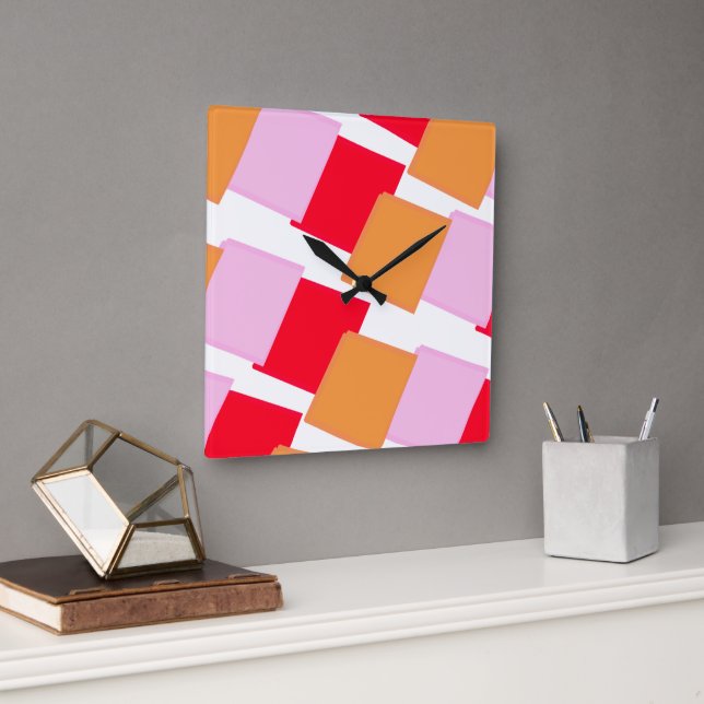 Whimiscal Squares Red Orange Pink  Fyrkantig Klocka (Kontor)