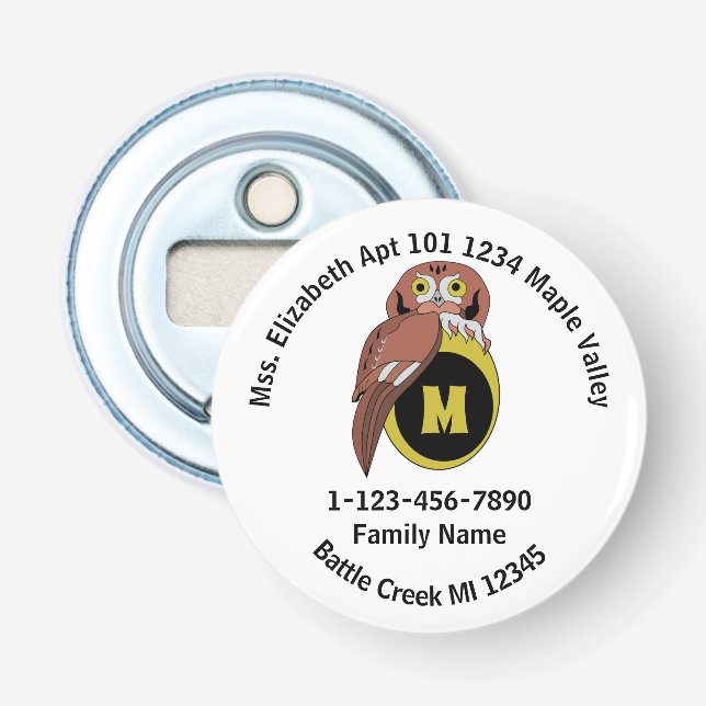 Whimiscal Uggla Monogram Borttappad Home Adress Flasköppnare (Framsidan)