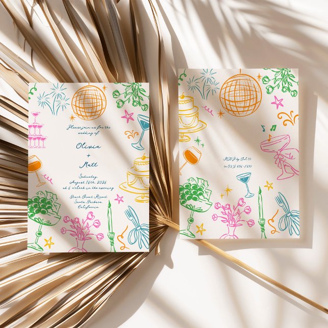 Whimisisk, färglös bröllopsinbjudan inbjudningar (Disco Wedding Invitation, Colorful Wedding Invite, Whimsical Wedding Card, Retro Disco Wedding, Fun )