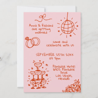 Whimisky Quirky Doodle Roligt Rosa Red Bröllop Inbjudningar