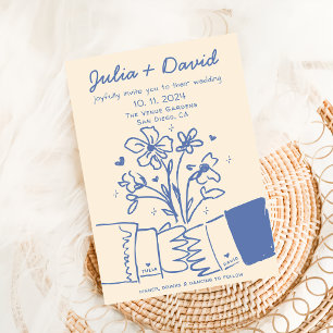 Whimisky Quirky Handwrite Blue Blommigt Bröllop Inbjudningar