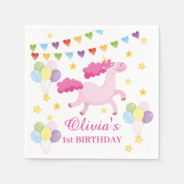 Whimissialflickor, första Cute Rosa Unicorn Birthd Pappersservett (Framsidan)