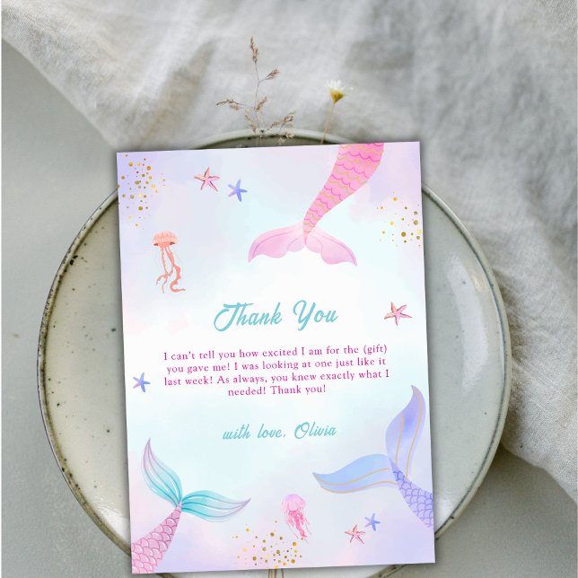 Whimissic Ocean Summer Sjöjungfru Svan Baby Shower Tack Kort (Whimsical Ocean Summer Mermaid Tail Baby Shower Thank You Card)