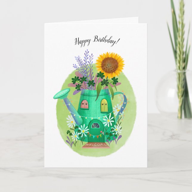 Whimissiering Watering Can och Solros Birthday Car Kort (Framsida)