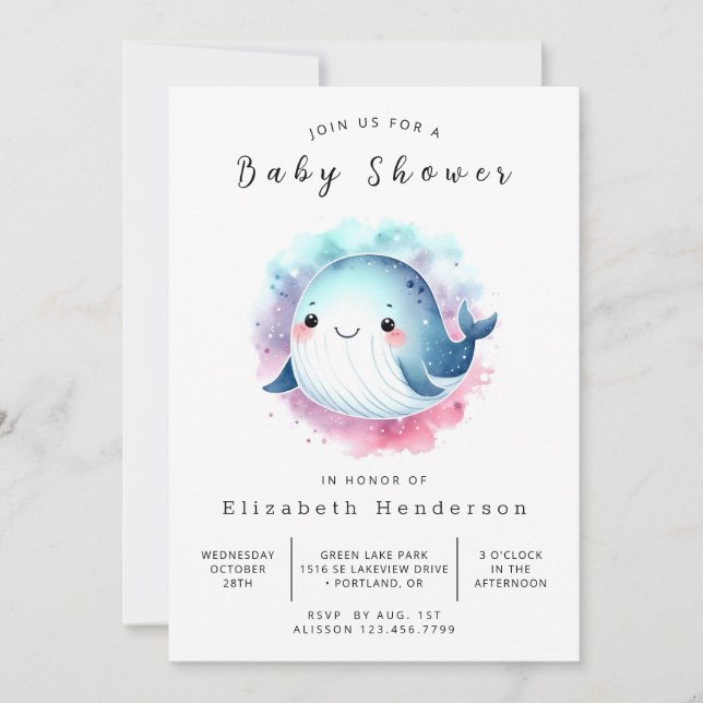 Whimissik Anpassningsbar Whale Baby Shower Inbjudningar (Framsida)