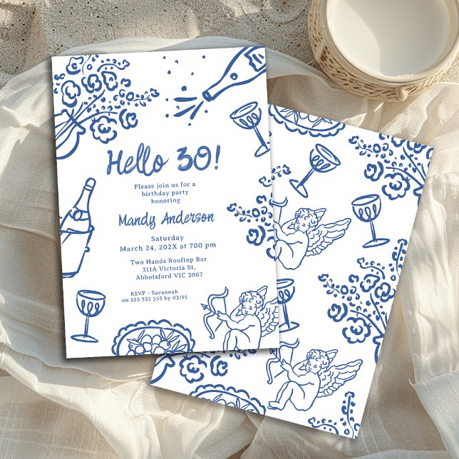 Whimissik Blue Hand plockade 30års födelsedag Part Inbjudningar (Whimsical Blue 30th Birthday Invitation, Editable Any Age Whimsical Hand Drawn Birthday Invitation)