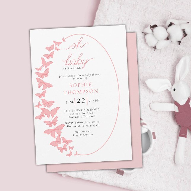 Whimissik Butterflies Boho Chic Girl Baby Shower Inbjudningar (butterfly baby girl shower invitation boho chic romantic coral pink whimsical elegant classy chic)