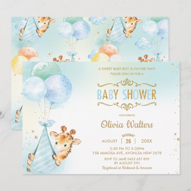Whimissik Cute Giraffe Balloons Baby Shower Boy Inbjudningar (Fram/baksida)