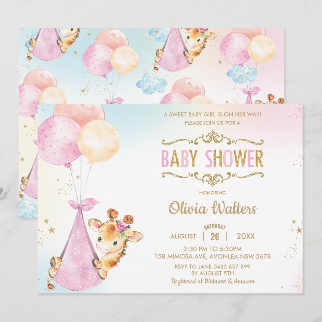 Whimissik Cute Giraffe Balloons Baby Shower Girl Inbjudningar (Fram/baksida)