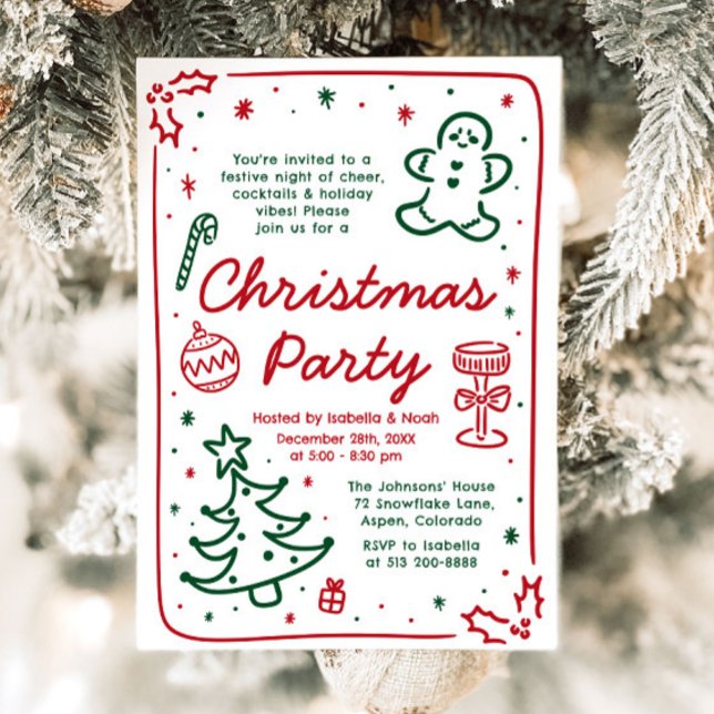 Whimissik Helgdag jul, Party Inbjudningar (Whimsical Holiday Hand Drawn Christmas Party Invitation)