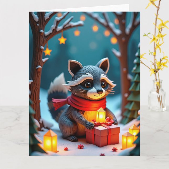 Whimissik Raccoon med gåvor, nutida julklapp Kort (Gul blomma)