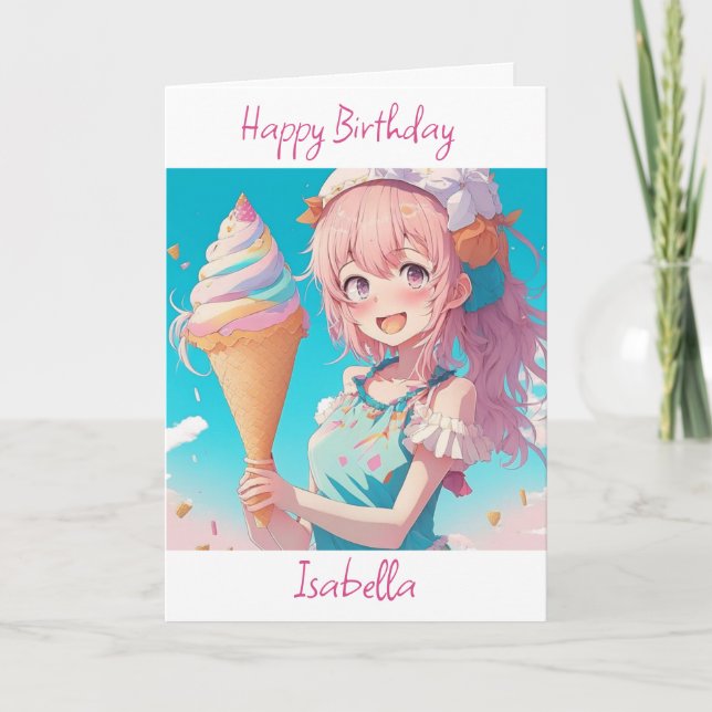 Whimissisk Anime Girl med Cone Birthday på iskräm Kort (Framsida)