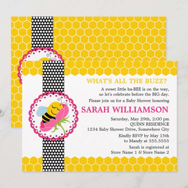 Whimissisk Bee Baby Shower Inbjudningar (Fram/baksida)