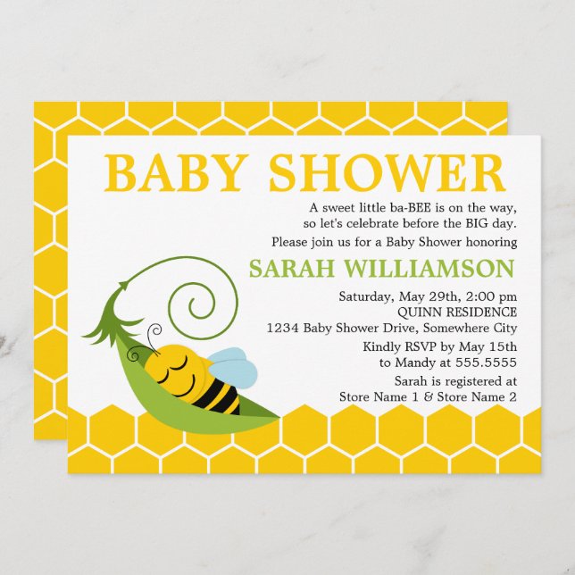 Whimissisk Bee Baby Shower Inbjudningar (Fram/baksida)