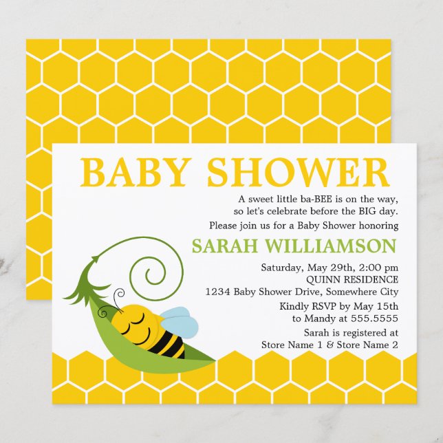 Whimissisk Bee Baby Shower Inbjudningar (Fram/baksida)