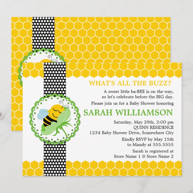 Whimissisk Bee Baby Shower Inbjudningar (Fram/baksida)